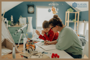 Mother homeschooling her son